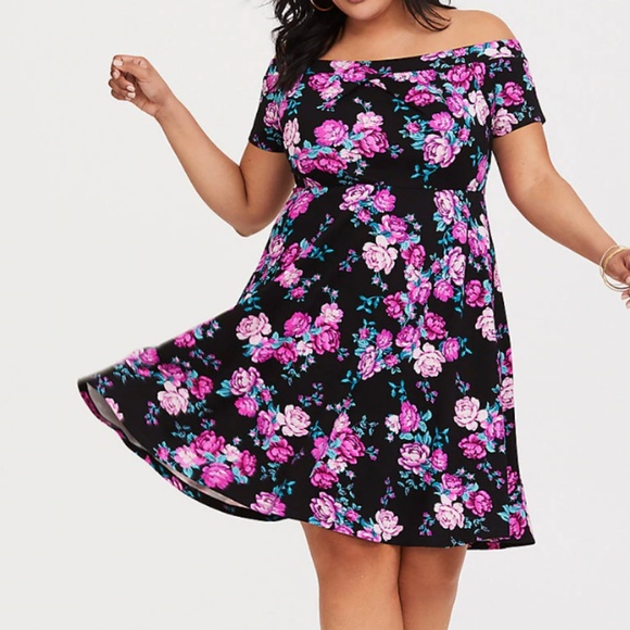 torrid Dresses & Skirts - Torrid Black Pink Floral Off Shoulder Ponte Dress